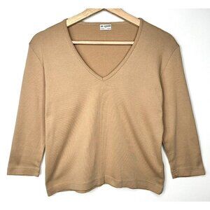 Vintage Au Cotton V Neck Top Woman Size Medium Brown 3/4 Sleeve Pullover T Shirt